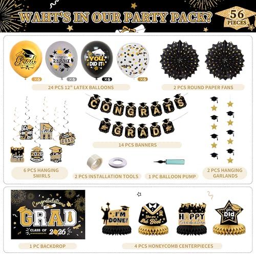 Image of Party Spot！2026 Graduation Party Decorations-Class of 2026 Backdrop,Gold and Black Graduation Party Decoration Set,Congrats Grad Banner,Hanging Swirl & Honeycomb Party Decor for Graduation