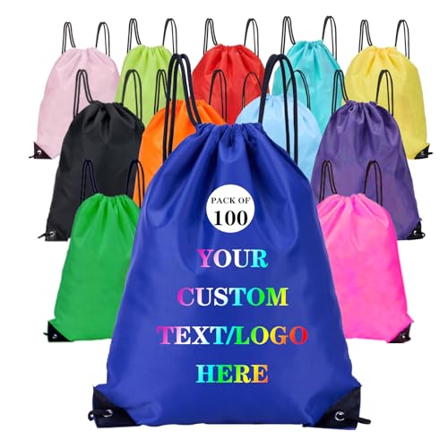 Custom Bags With Your Logo Set of 100 Custom Backpack Draw String Bags Pack Bulk for Travelling Swimming Gym Everyday Use (Blue 3)