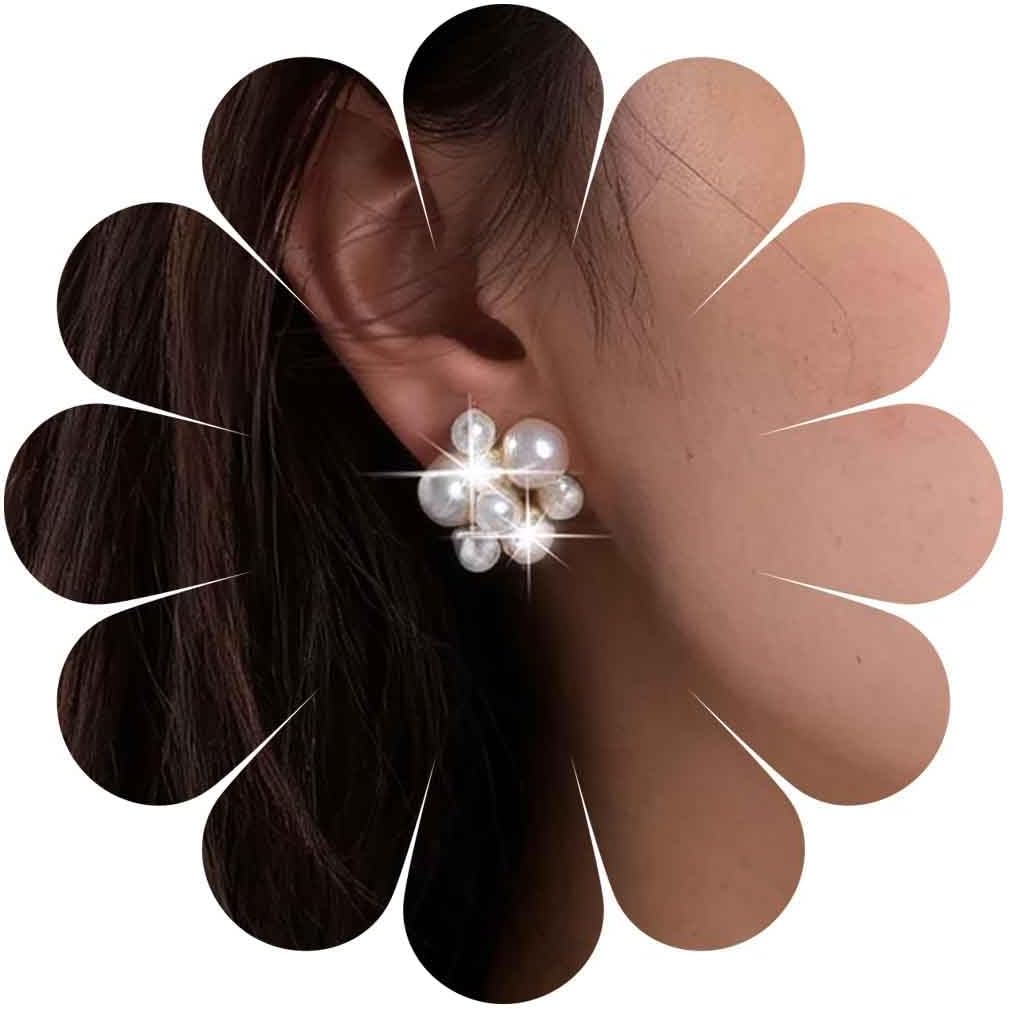 Boho Cluster Pearl Stud Earrings Gold Crystal Pearl Earrings Beaded Pearls Dangle Earring Pearls Wedding Cluster Earring Bridal Jewelry for Women