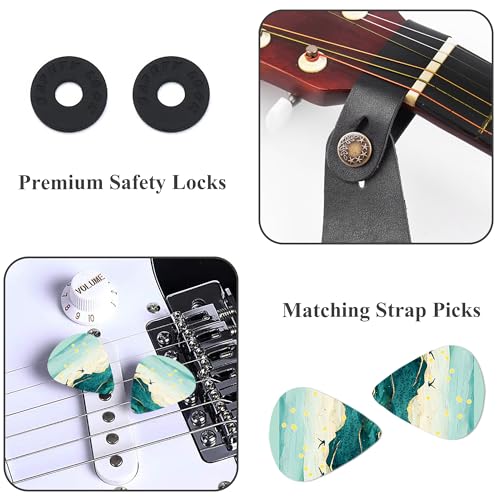 Image of Adjustable Guitar Strap Includes 2 Strap Locks & 2 Matching Picks & 1 Picks Holder & 1 leather Strap Button.