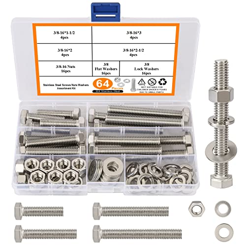 3/8-16 Hex Bolts and Nuts Kit 64PCS, 304 Stainless Steel 3/8” Heavy Duty Nuts and Bolts Screws Flat &amp; Lock Washers Kit, Machine Screws Set with Storage Case