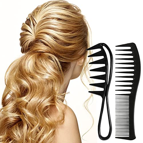 Foto von Haarkamm, 2 Stück Breite Zahnkämme Professioneller Friseur Antistatischer Grobzinkiger Hitzebeständiger Kit für Frauen Männer (Schwarz)