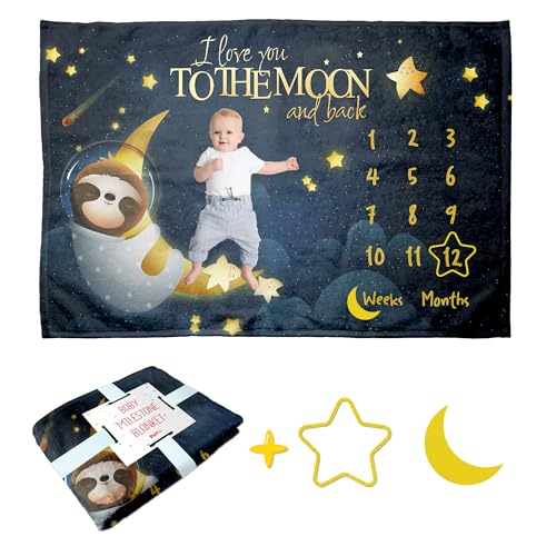 Image of Pavo Baby Sloth Milestone Blanket - Love You to The Moon - Neutral Growth Chart - Perfect 60"x40"