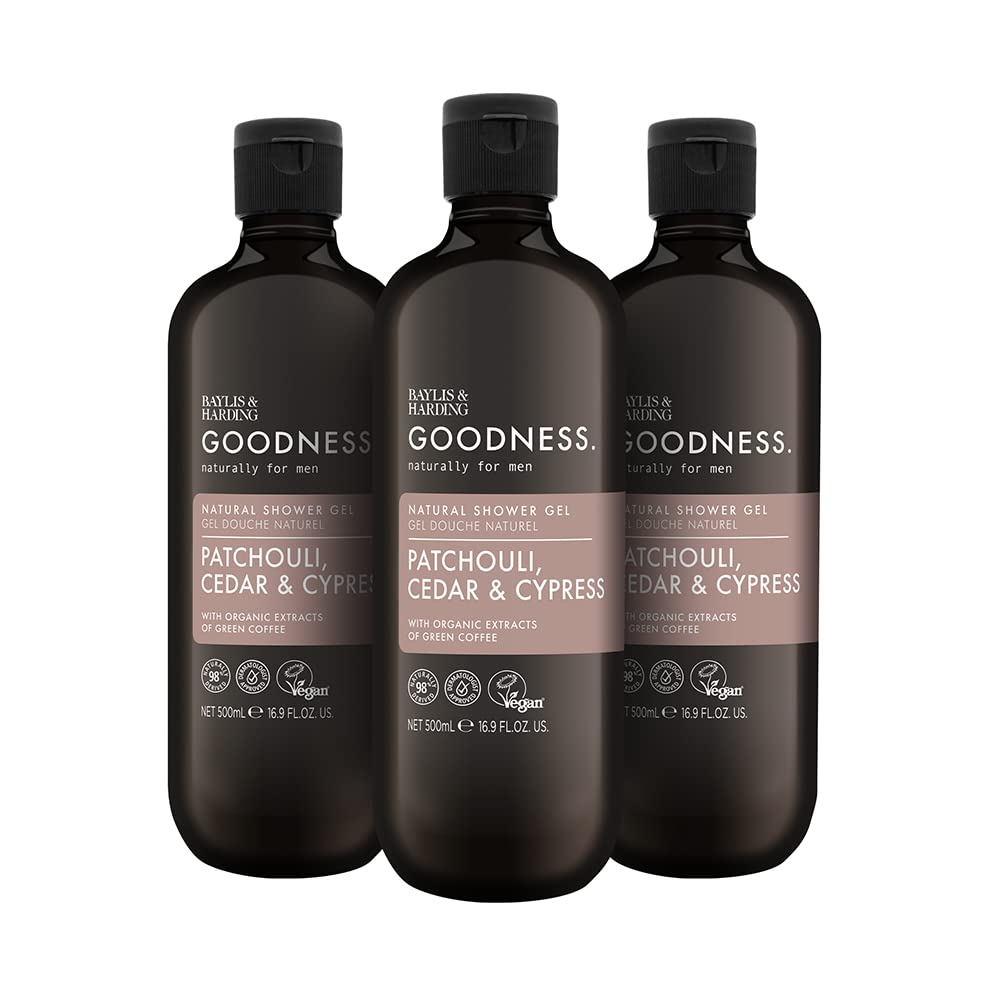 Goodness Men's Patchouli, Cedar & Cypress Natural Shower Gel, 500 ml - Vegan Friendly (Pack of 3)