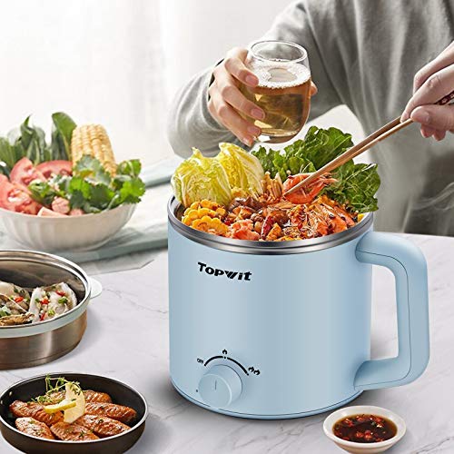 Topwit Electric Hot Pot, Mini Ramen Cooker, 1.6L Noodles Pot, Multifunctional Electric Cooker For Pasta, Shabu-Shabu, Oatmeal, Soup And Egg With Over-Heating Protection, Boil Dry Protection, Blue #TOP1