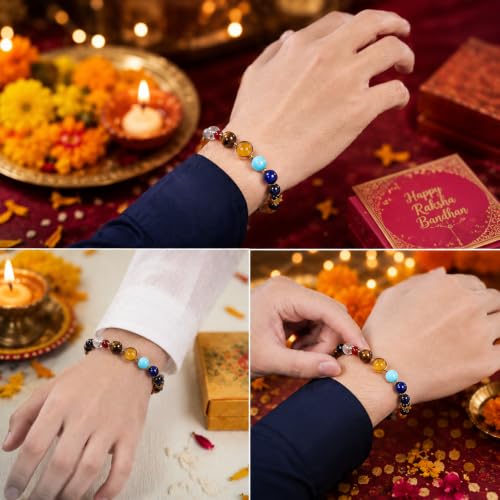Image of Phool Celestial Cosmic Energy Rakhi for Brother | 9 Natural Stone Beads with Tiger Eye, Lapis Lazuli, Amazonite & Crystal Quartz | Spiritual Rakhi for Brother | Raksha Bandhan Gift