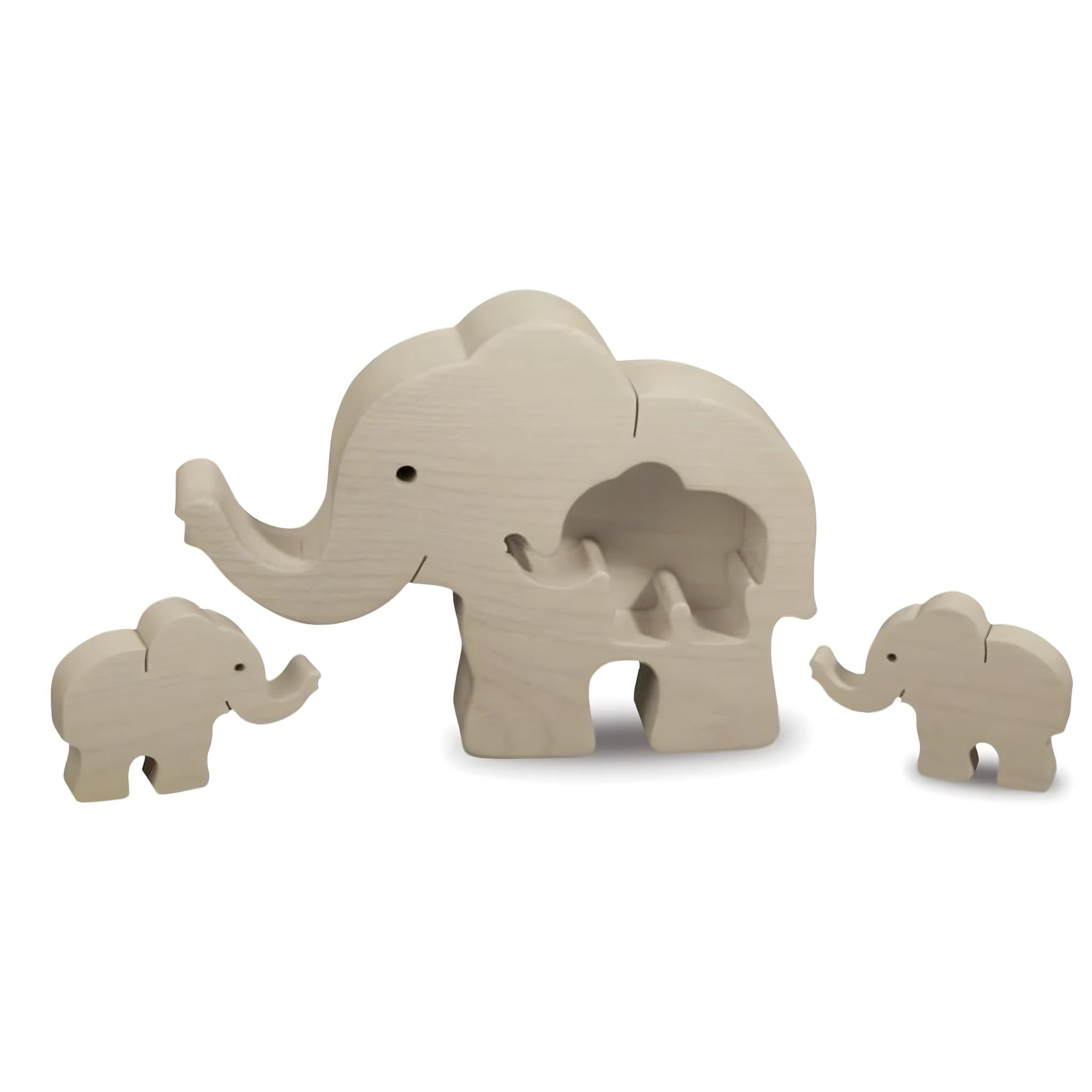 Éléphant en bois sculpté avec chiots Dolphes un cadeau artisanal inoubliable