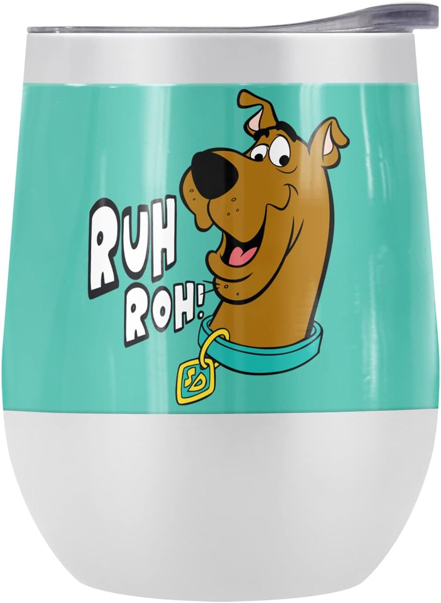 Scooby Doo! OFFICIAL Ruh Roh Face Pattern 12 OZ Stemless Wine Tumbler, Stainless Steel Travel Cup|Lake Tumbler|Insulated with Leak Resistant Slide-Lock Lid, Stainless Steel