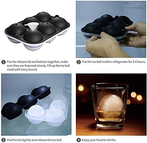 Image of Ice Cube Trays Premium Imported Ice Ball Maker | Silicone 6 Cavity Easy Release 6Cm Round Whiskey Mould with Lid & Funnel for Cocktail & Bourbon - (Color-Black, Weight-300Grams)