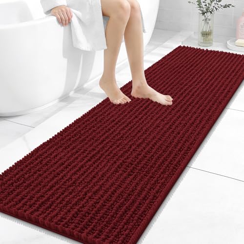 Image of OLANLY Long Bathroom Rugs Runner 59x20, Thick Soft and Absorbent Chenille Bath Mat, Non-Slip, Machine Washable Quick Dry Bath Rugs for Tub Shower Floor, Home Decor Accessories, Burgundy
