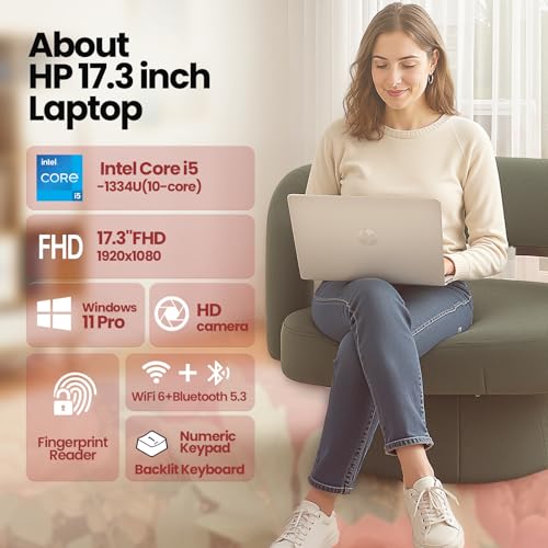 Image of HP 17.3-inch Business Laptop 2026, Intel 10-Core i5-1334U, 20GB RAM, 512GB SSD, 17.3 inch FHD Anti-Glare Display, Backlit Keyboard, Fingerprint Reader, Wi-Fi 6, Windows 11 Pro, Business & Student Notebook