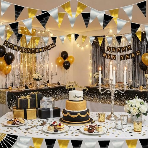 Image of 40M /130FT Black Gold Silver Triangle Pennant Banner Flag Metallic Fabric Bunting Garland for Christmas Wall Hanging,Graduation Decorations, New Years Decorations,Father' Da
