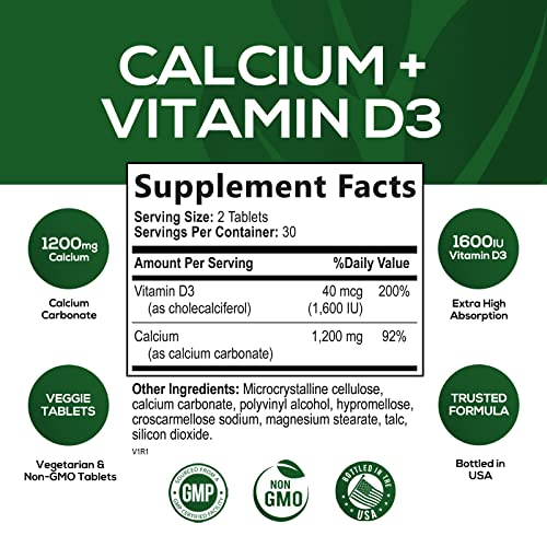Nature’s Calcium 1200Mg Plus 1600 Iu Vitamin D3, Immune Support & Bone Health Support, Supports Bone Strength - Calcium Carbonate 1200 Mg - Dietary Nutrition Supplement, Non-Gmo - 60 Tablets #TOP1
