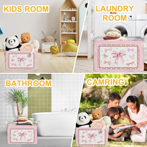 Image of Pink Bow Foldable Storage Box, Waterproof Toy and Clothes Storage Box for Nursery Room, Pink Cute Bow Decorative Fabric Basket for Boys Girls Bedroom, Storage Basket Gifts for Bow Party Decoration