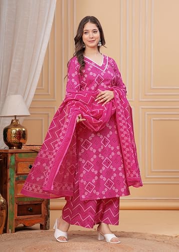Image of MEERA FAB Women's Pure Cotton Bandhani Printed Kurta with Palazzo & Dupatta