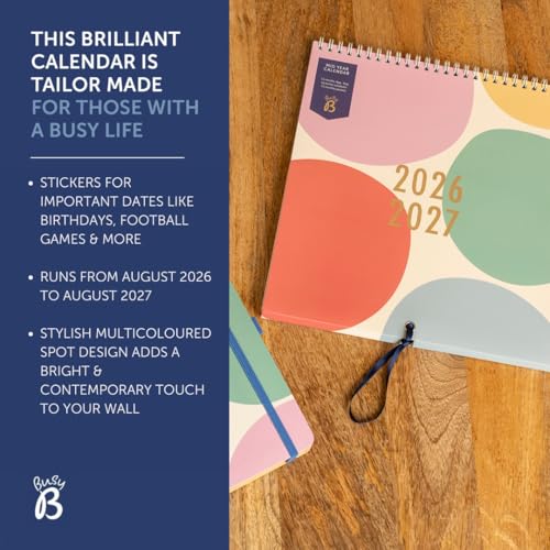 Busy B Family Wall Calendar - Mid-Year Calendar Aug '26 - Aug '27 Multi Spot Design For Busy Families with 5 Columns, Storage Pockets, Ribbon Hanging Loop & Colour-Coded Stickers - 25.5 x 23.5cm - Image 3