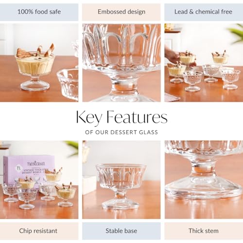 Image of Nestasia Transparent Glass Bowl Set of 6 for Ice Cream (120ml Each) - Ribbed Dessert Bowls for Sundae, Sweets & Pudding | Food Safe & Heat Resistant - Perfect for Gifting