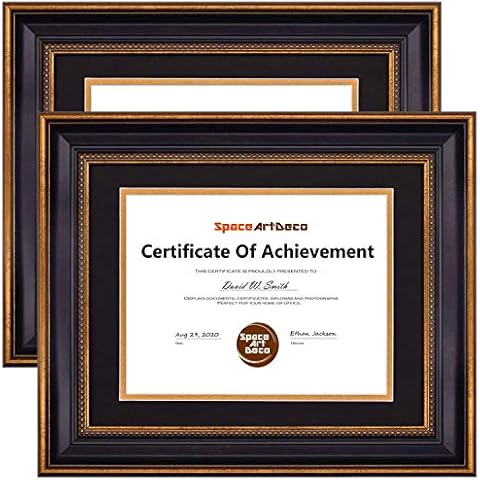 Space Art Deco, 11x14 Gold Black Design Diploma Frame Over Double Mat for 8.5x11 Certificates and Documents Sawtooth Hangers Wall Mount (2-Pack, Ornate Gold) Cover