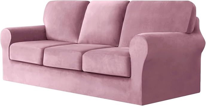 UNBBRRL 7 Pieces Couch Covers for Sofa, Replacement Ektorp Sofa Cover 3 Seat with 1 Main Cover/3 Seat Cushion Covers/3 Backrest Covers, Stretch Velvet Settee Cover 3 Seater Pink,3 Seater