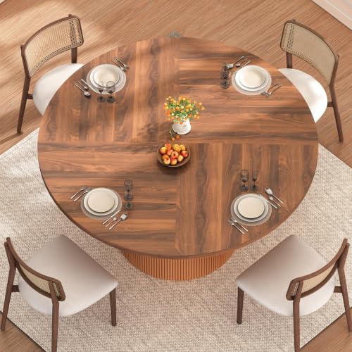 Image of 55 inch Round Dining Table for 4-6 People, Modern Farmhouse Dining Kitchen Table with Fluted Cylindrical Pedestal Base for Dining Room, Living Room, Kitchen, (Chairs Not Included)