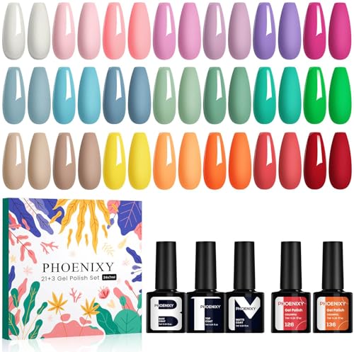 Phoenixy 21 Couleurs Vernis Semi Permanent, 24 Pcs Vernis Gel U V Semi Permanent avec Base et Top Coat Brillante et Mat Kit Ongle Gel U V Complet pour...