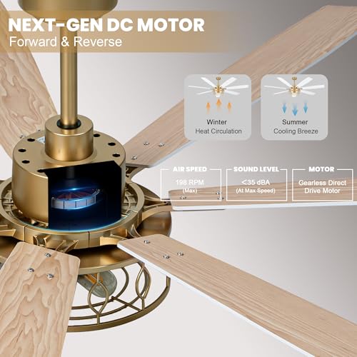 Image of Dawn Whisper 72 Inch Large Ceiling Fans with Lights Modern White Gold Farmhouse Ceiling Fan for Living Room Bedroom 6 Speed Reversible Quiet DC Motor