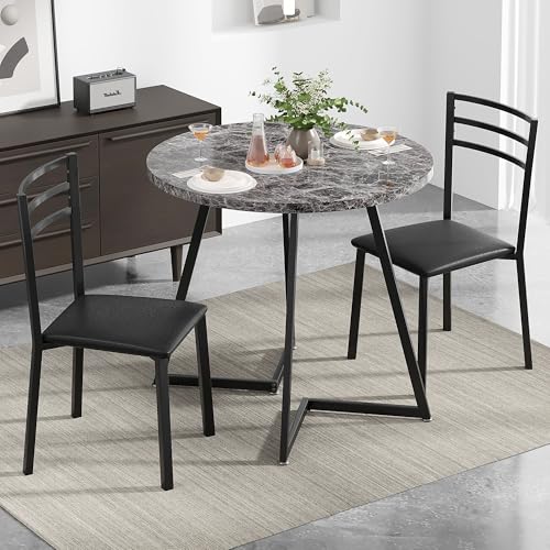 VECELO Small Round Dining Table Set for 2, Wood Tabletop with Strong Metal Frame, Modern Dinette...
