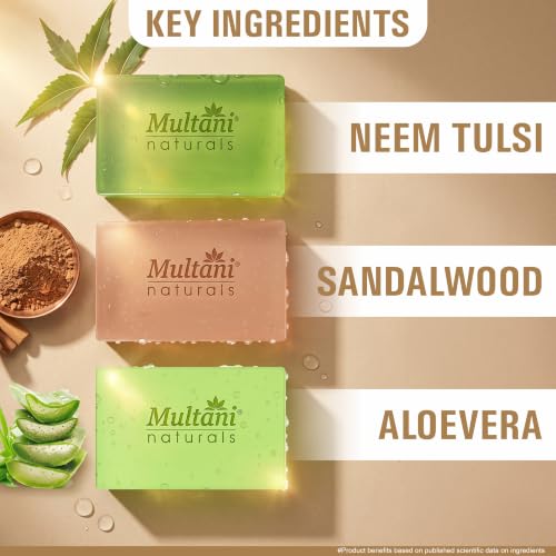 Image of Multani Natural Assorted Soap - 125 gm (Pack of 3) | Neem Tulsi + Sandalwood + Aloe Vera Soaps | For Tan Removal and Skin Brightening |Ayurvedic Handmade Bath Bar | For All Skin Types | Soap Bar For Men & Women
