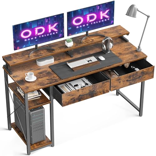 ODK Escritorio con 2 Cajones, Escritorio Gaming en Casa con Soporte para Monitor, Mesa de Escritorio para PC, Escritorio Ordenador Pequeño para Espacios Reducidos (Marrón, 120x50cm)