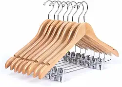 Cabide de Madeira Nobre Marfim com Presilhas Ajustáveis - 10 Unidades, Resistência para Organizar Roupas com Estilo
