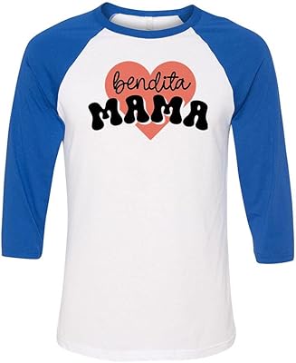 TeesAndTankYou Bendita Mama Three-Quarter Raglan Sleeve Baseball Shirt Unisex Medium White/Royal
