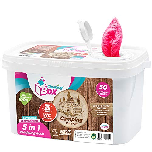 CleaningBox® CaravanWipes Feuchte 5-in-1 Reinigungstücher Camping & Caravan, 50x Reinigungstücher für WC und Toilette - Wohnmobil und Wohnwagen Zubehör - Biologisch Abbaubar und Made in Germany