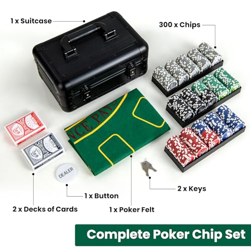 HOMASIS Profi Pokerset mit 300/400 Pokerchips, Pokerkoffer mit Matte, 2 Kartendecks, 5 Würfeln, 1 Dealer Button, Aluminiumkoffer abschließbar, Kasino Poker Set für Texas Hold'em Blackjack (300 Chips) – Bild 8