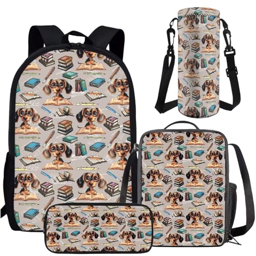AmzPrint Dachshund Backpack With Lunch Bag Water Bottle Holder Pencil Box Set For Boys Girls Backpack Set For School