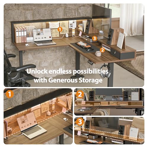 Image of Agilestic L-Shaped Electric Standing Desk, 63x55 Inch Ergonomic Adjustable Height Desk with Storage, Stand Up Corner Desk Sit Stand Computer Table Power Outlet & LED Lights, Office Table, Dark Walnut