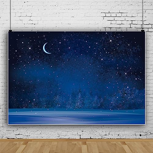 10x8ft Vinyl Winter Snowflake Photography Backdrop Starry Night Sky Moon Stars Pine Trees Background Merry Christmas Backdrop Xmas Happy New Year Party Decor Banner Backdrop Photo Booth Props
