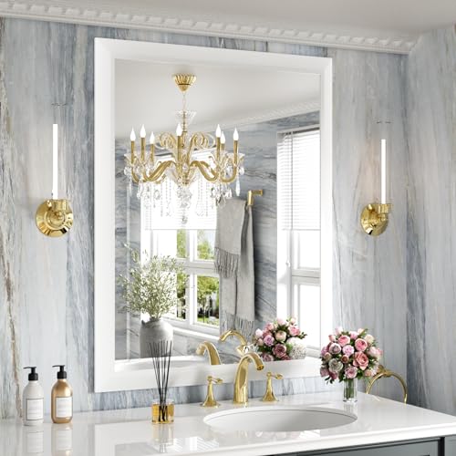 Amorho Bathroom Mirror, 28x36 Inch White Thick Metal Framed Wall