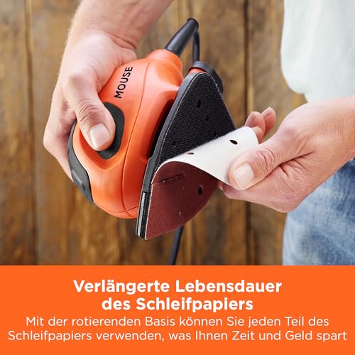 BLACK+DECKER Dreieckschleifer Mouse für staubfreies Schleifen (55 Watt Schleifmaschine, Schleifplatte 133 x 95 mm, Schleifen/Polieren, inkl. Schleifpapiere + Fingerschleifpapier) BEW230BCA