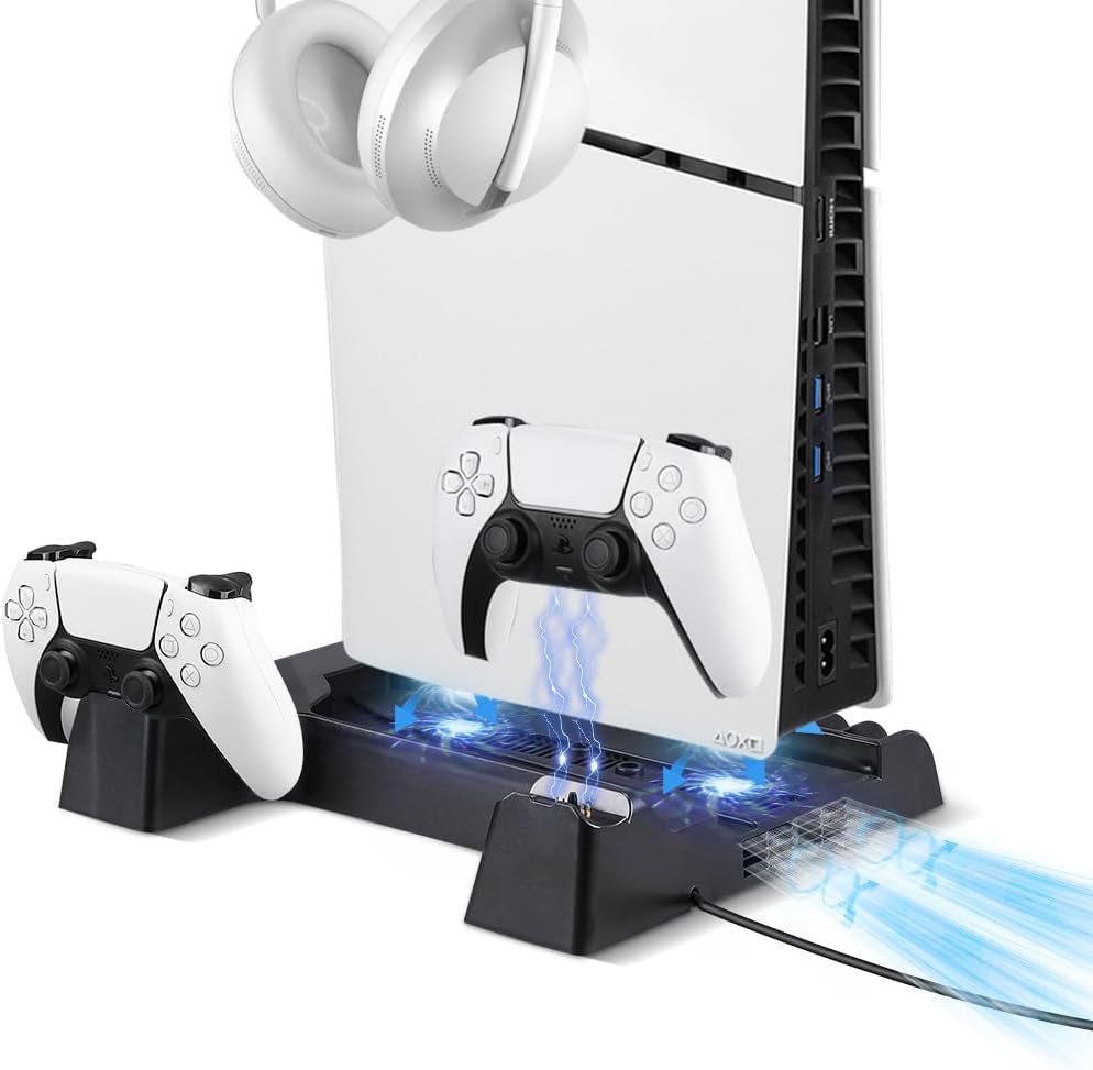 PS5 Slim Stand with Cooling Fan and Controller Charging Station for PS5 Slim Console Disc/Digital, for PS5 Accessories Cooling Fan Holder,Headset Holder for Playsation 5 Black Color