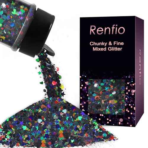 Image of Renfio Mixed Shapes Confetti, Star Confetti Holographic Chunky Glitter, 1.75oz/50g Black Glitter Heart Moon Circle Sequins Valentines Glitter for Crafts for Nail Art Resin Tumblers - Shadow Waltz