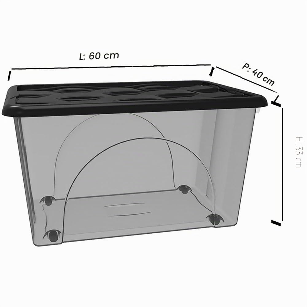 2 Scatole Multiuso 60x40x33 Organizer Box Portaoggetti Contenitore 60 LT STORAGE Salvaspazio con Coperchio Nero e 4 Ruote Sovrapponibile cassa organizzazione cesta indumenti Casa Bagno Ufficio