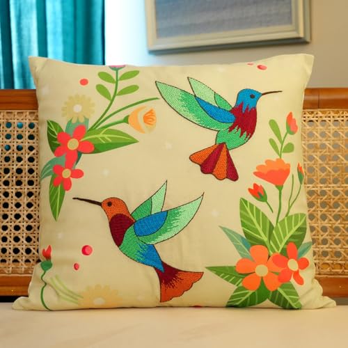 Image of picknMAKE Beginners for Set Kit Embroidery Hand Cover Cushion DIY 2 of Pack - Covers Pillow /Cushion Handmade Bliss Hummingbird | Decor Home | 16 inchx16 inch | Pattern Printed Digitally | Included Materials All
