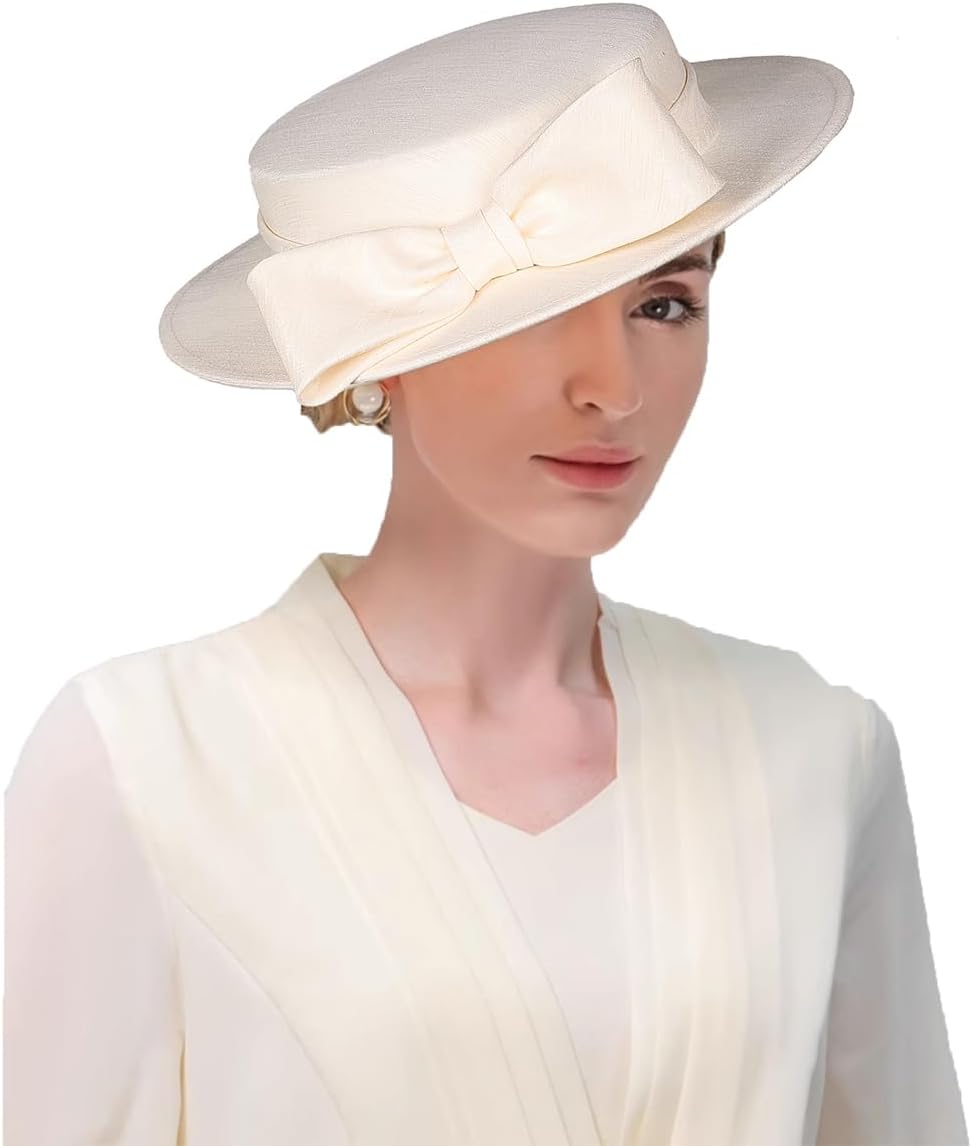 Wide Brim Church Hat for Women - Elegant Kentucky Fascinator with Bow,Bridal Wedding Tea Party Formal Flat Top Derby Hats - Image 2
