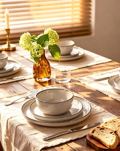 Image of Famiware Milkyway Stoneware Dinnerware Set, 18-Piece, Double Reactive Glaze, Plates and Bowls, Service for 6, Microwave and Dishwasher Safe, Scratch-Resistant, Light khaki