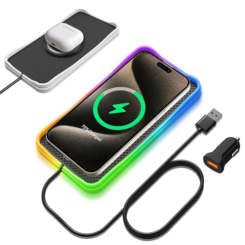 Wireless Car Charger Pad, LANSEMKU 15W RGB Wireless Charger Charging Pad for Car Non Slip USB Compatible with Airpods iPhone 16/15/14/13/12,Samsung Google (100CM Cable)