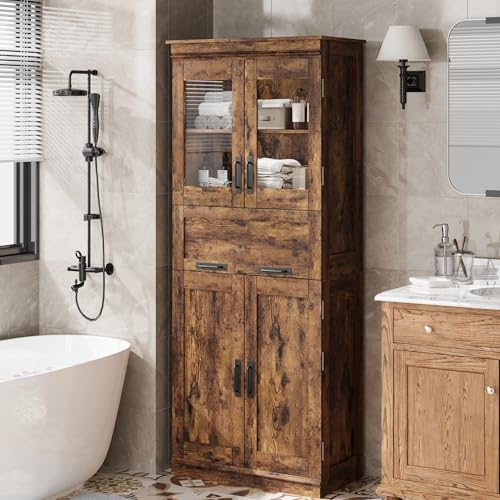 GAOMON 67" Tall Bathroom Cabinet with 4 Doors & Flip Glass Drawer, Storage Cabinet with Adjustable Shelves, Freestanding Organizer for Kitchen, Pantry, Living Room (Rustic Brown)