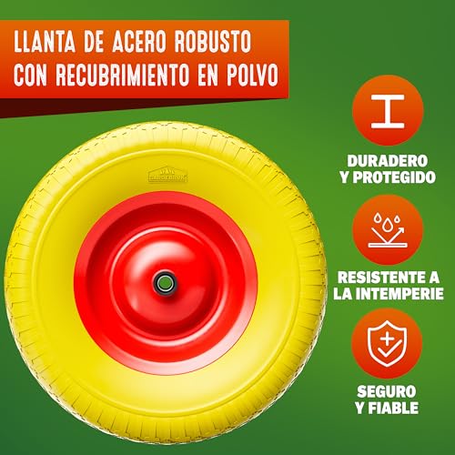 GARDEBRUKŽ Rueda para Caretilla Caucho Macizo PU Acero 4.80/4.00-8 Ř 390mm a Prueba de Pinchazos Carga hasta 200Kg Amarillo