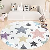 payé Teppich Kinderzimmer Rund - Cream Bunt - 120x120cm - Sterne Sternenteppich in Pastellfarben Spielteppich Kinderteppich Kurzflor Weich