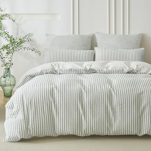 SOULFUL Housse de Couette 220x240 Coton avec 2 Taies d'oreiller 65x65 cm - 100% Coton Lavé - Design Bohème Jacquard Rayures - Vert Clair Parure de Lit 2...