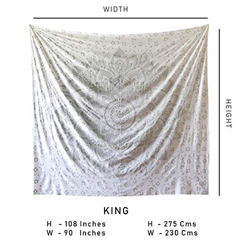 Madhu International Tapestry Wall Hanging - Mandala Tapestry - Bohemian Wall Decor - Hippie Cotton Tapestries Ombre Gypsy Tapestry For All Rooms - King Size - 90X108 Inches, White Silver #TOP3